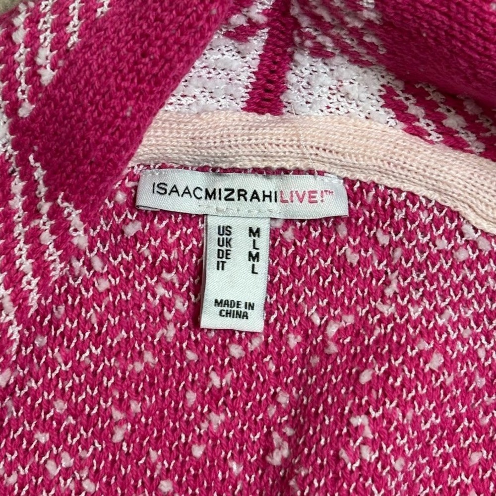 Isaac Mizrahi Cardigan Women Medium Pink Gingham Knit Blazer Fringe Preppy Fun - Picture 5 of 9